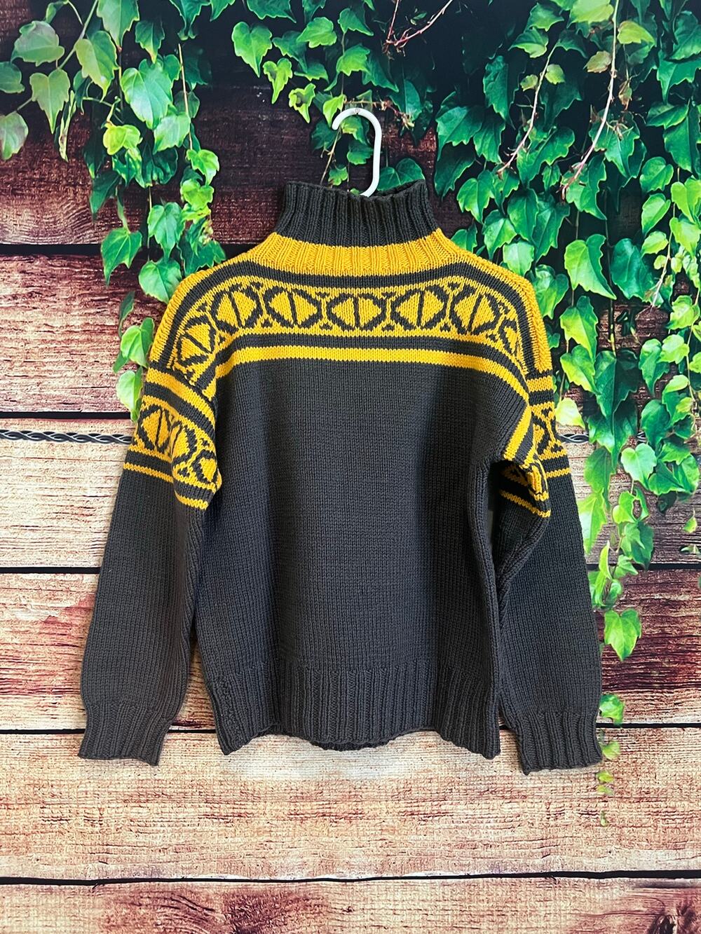 Chunky Knit Ski Sweater Turtleneck Fair Isle Turtleneck Wool Gray Yellow Women L